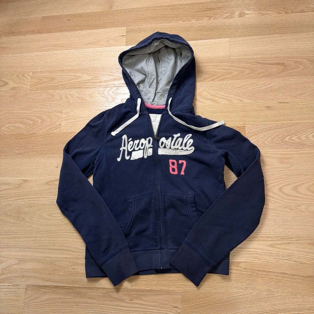Aeropostale Full Zip Hoodie Sweatshirt Navy Blue Logo Est 87 Size L